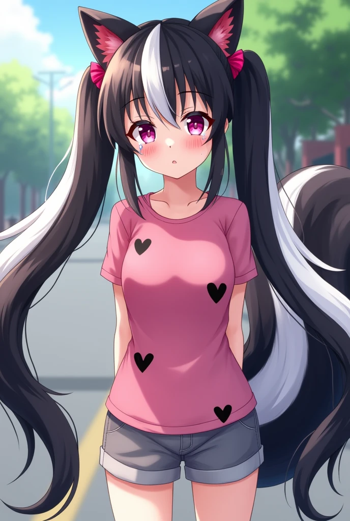 Beautiful 1 girl. r high school. Skunk girl with ears and tail. Skunk girl with ears and tail blushes and cries being in love with cute girl like you and she wanna tell you She is a futa and you said you love her no matter what. High school teenager. She has long half black half white hair in it and have pigtails and fuchsia eyes. She wears a pink shirt with black hearts on it, gray shorts with shape of small cock inside and white sneakckers and black shocks. She blushes and cries being in love with cute girl like you and she wanna tell you She is a futa and you said you love her no matter what.