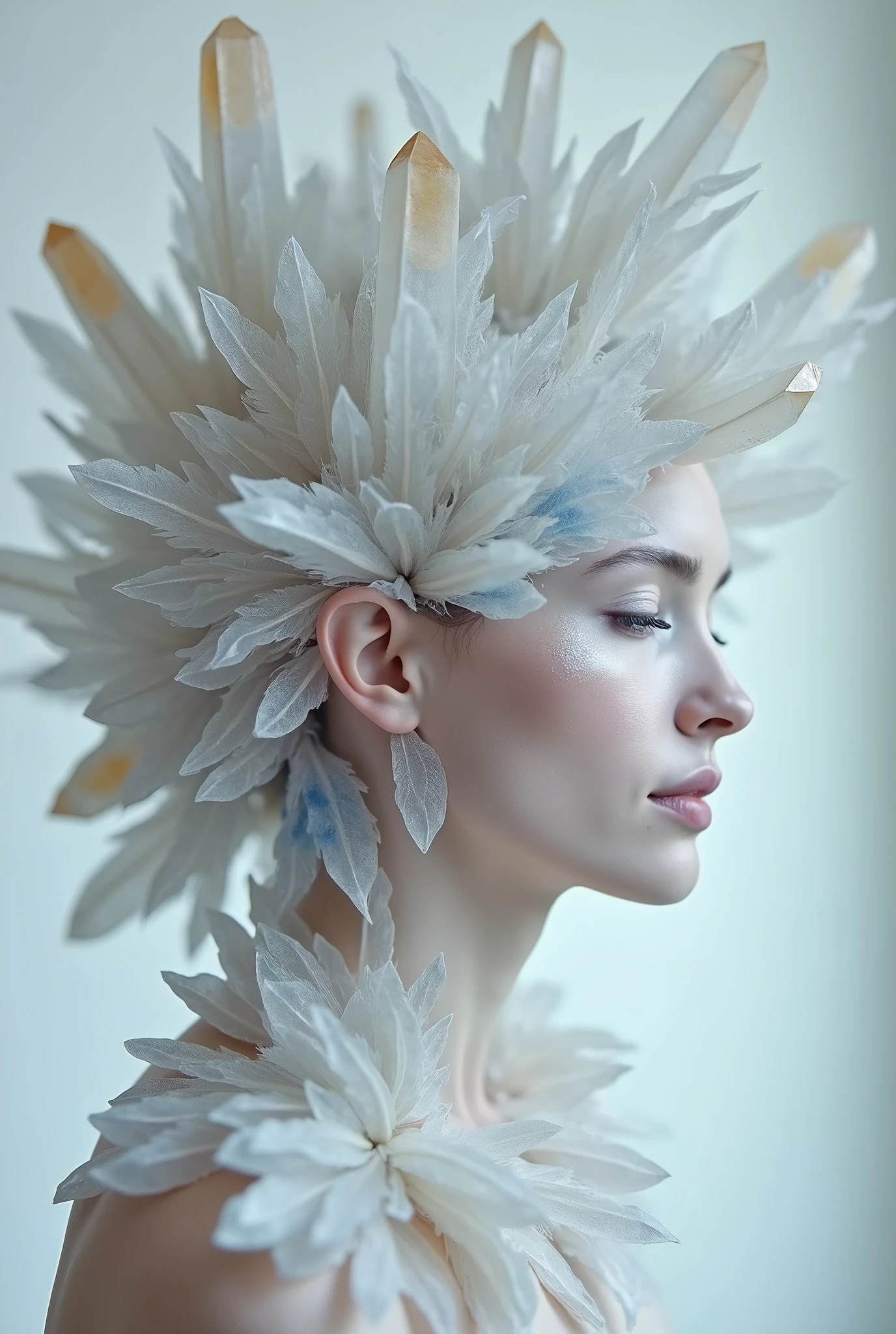 an wooden slice made out of glowing crystals with a person's face illuminated, in the style of surreal fashion photography, fine feather details, organic nature-inspired forms, strong contrast between light and dark, ephemeral installations, detailed nature depictions