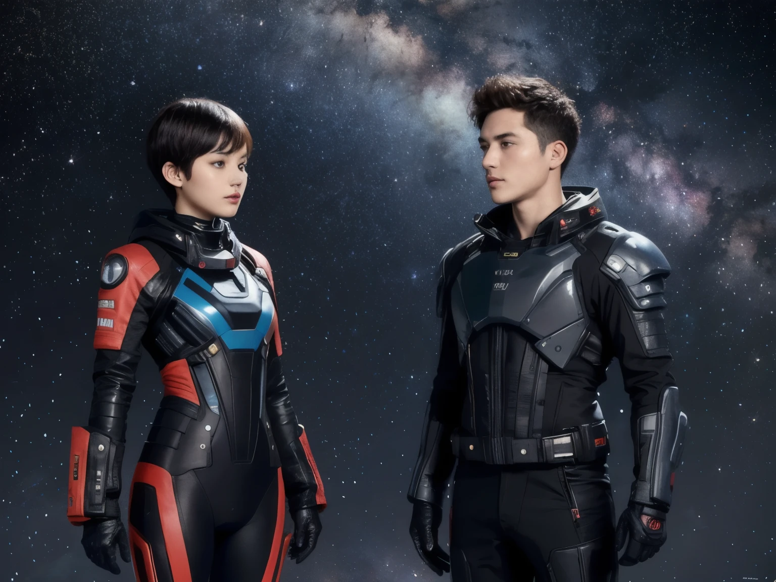 277 (20-year-old woman,short hair), (20-year-old male), Are standing, flower, Futuristic clothing, machinery suit, (The background is a galaxy and nebula)