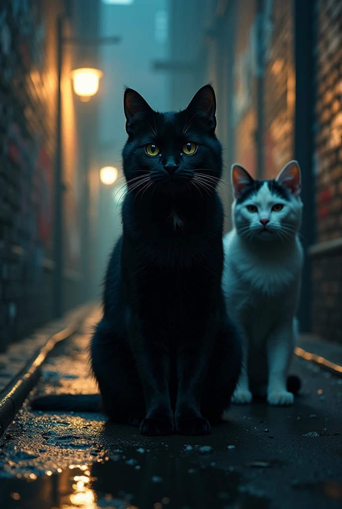 Two cats one black and one white, Spotlight on black cat in street alley at night, photorealistic digital painting cinematic film light, expressive eyes, ultra-realistic full HD resolution, dramatic lighting, 3D effect ultra-detailed intricate insanely, puddles, graffiti-adorned walls, close up from Down
