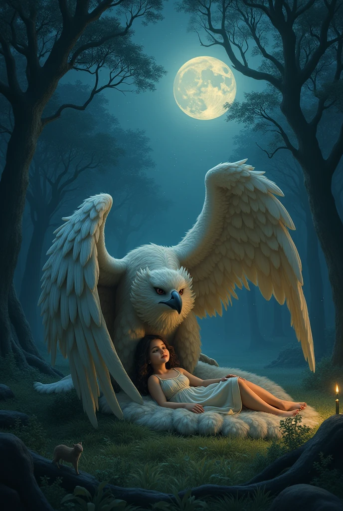 Forest Massif, fog, Night Bright Stars, The moon is not full, The Girl Lies Under the Tree Leaning on the Soft Fur of the Griffin Next to Her Lies Next to Her the Griffin Majestic Huge Covers Her with His Wing, Protects, Forest Animals are watching what is happening, Breathtaking Picture,