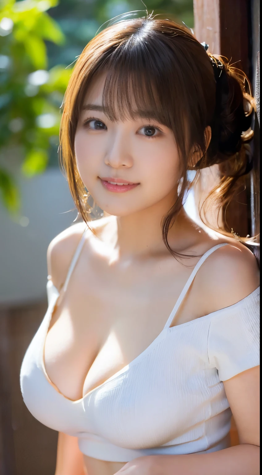 The cutest girl who works as a gravure idol、( girl、Very beautiful face, alreadyチュラルメイク)(White skin)(Sparkling eyes)already、Shiny brown hair、Big ample breasts、Small waist、Big Ass、Short sleeve knit、attractive.。Beautiful cleavage is visible、She is full of confidence々Smiled.、Professional pose for the camera。Her fashion and expression、The perfect balance of cuteness and elegance、Engage your audience、Through this scene、Express her charm to the fullest。"