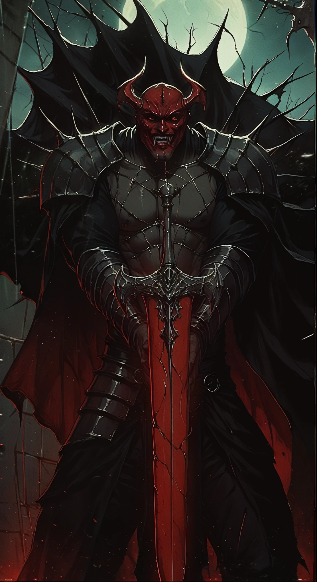 there is a man with a red demon mask and a sword, blood knight, evil knight, berserk skullknight black armor, berserk art style, dark souls art style, anthropomorphic raven knight, scary knight, demon slayer artstyle, dnd fantsay art, beautiful male god of death, the king of death, epic fantasy art style