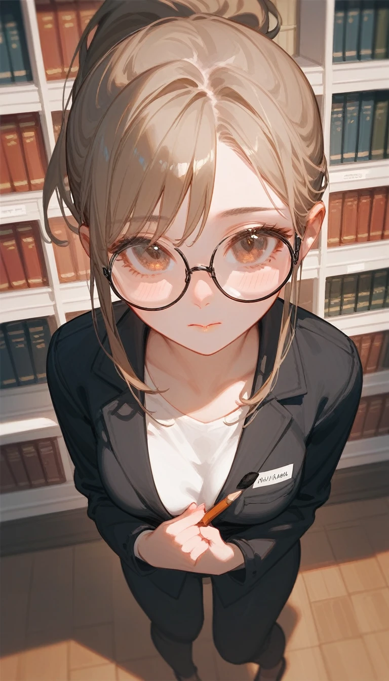 1girl, european girl, 1, long light-brown hair, ponytail curvy hair, cute face, average breast, A girl, Wearing round tinted glasses,Background is a bookstore, source_realictic, deatiling painting, brown eyes, detailing body, detailing face, view from above glasses, in full growth, shy