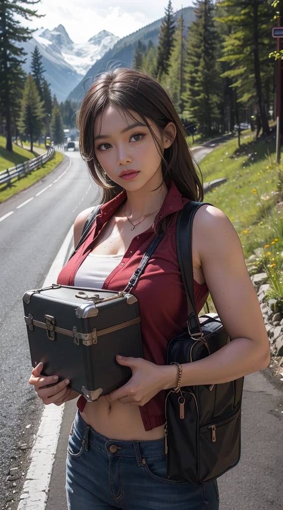 8k, Highest quality, (The beauty of pubic hair)、High resolution, Lively, Real person, On a beautiful mountain road in the Alps during heavy rain、A beautiful muscular woman is carrying a large amount of luggage with special equipment on her back.。.、((I'm desperately rushing and running as fast as I can))、Quickly、Tight fluttering mini skirt is wet)、Huge boobs、A lot of sweat in the cleavage、Death Stranding、A faint figure in the rain smiles,