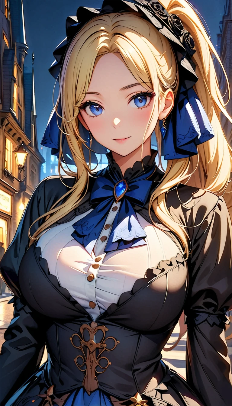 Woman in dress and boots , Baroque Dress, Wearing an elaborate steampunk dress, Elegant Gothic Princess, Victorian Gothic Fashion, historical Baroque Dress dark,Blue Gothic Dress, Fantasy style clothing, Rococo Dress, Black Rococo, Fantasy Costume, wearing a Gothic Dress, Romantic Dresses, Gothic Dress,blonde,,(((Upper body portrait))),blue eyes,city,Big Breasts