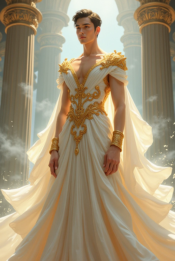 A man royal evening gown with white fabric and gold anime style