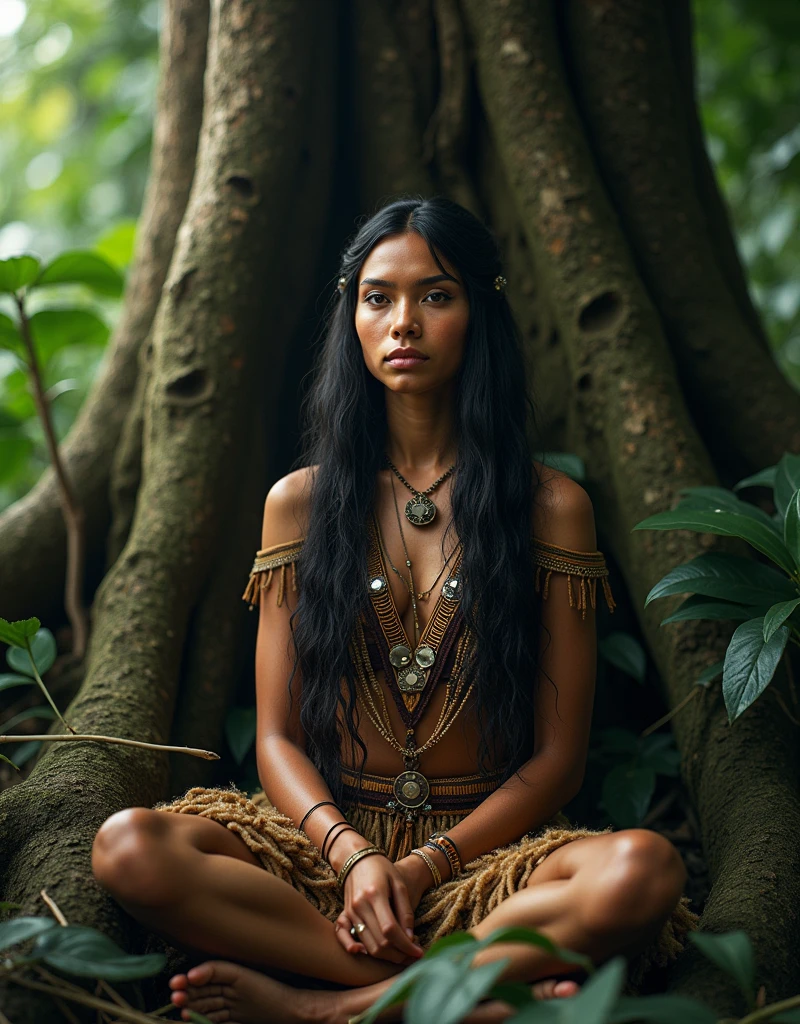 A protrait of Pocahontas, alone in the depth of Amazon Jungle, she sat near a Mother Tree.... 