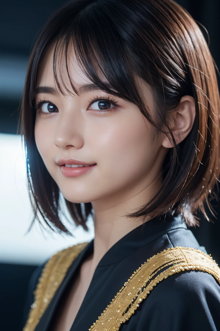 1 girl,(Wear colorful stage costumes:1.2),Very beautiful Japanese idol portrait,Close-up of face,(RAW photos,best quality),(real,realistic:1.4),(masterpiece),Very delicate and beautiful,非常detailed,2k wallpapers,wonderful,detailed,高度detailed的 CG Unity 8K 壁纸,非常detailed,high resolution,Soft Light,Beautiful and delicate girl,非常detailed eyes and face,Beautiful and delicate nose,Pretty and beautiful eyes,Cinema Lighting,(simple light background:1.3),(short hair),(Bob),Complete anatomy,slim body,Small Breasts,Smile,