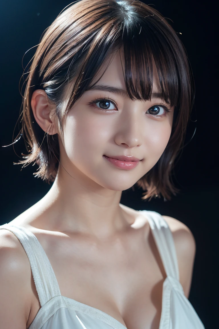 1 girl,(Wear colorful stage costumes:1.2),Very beautiful Japanese idol portrait,Close-up of face,(RAW photos,best quality),(real,realistic:1.4),(masterpiece),Very delicate and beautiful,非常detailed,2k wallpapers,wonderful,detailed,高度detailed的 CG Unity 8K 壁纸,非常detailed,high resolution,Soft Light,Beautiful and delicate girl,非常detailed eyes and face,Beautiful and delicate nose,Pretty and beautiful eyes,Cinema Lighting,(simple light background:1.3),(short hair),(Bob),Complete anatomy,slim body,Small Breasts,Smile,