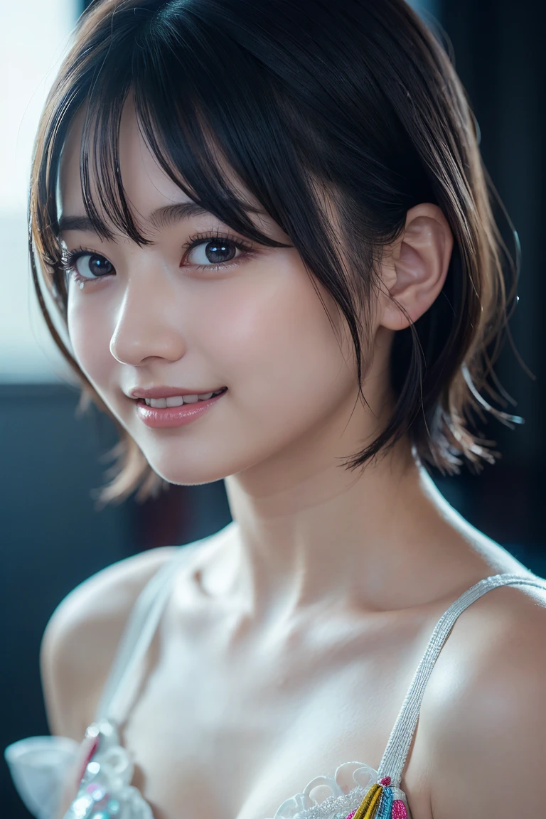 1 girl,(Wear colorful stage costumes:1.2),Very beautiful Japanese idol portrait,Close-up of face,(RAW photos,best quality),(real,realistic:1.4),(masterpiece),Very delicate and beautiful,非常detailed,2k wallpapers,wonderful,detailed,高度detailed的 CG Unity 8K 壁纸,非常detailed,high resolution,Soft Light,Beautiful and delicate girl,非常detailed eyes and face,Beautiful and delicate nose,Pretty and beautiful eyes,Cinema Lighting,(simple light background:1.3),(short hair),(Bob),Complete anatomy,slim body,Small Breasts,Smile,
