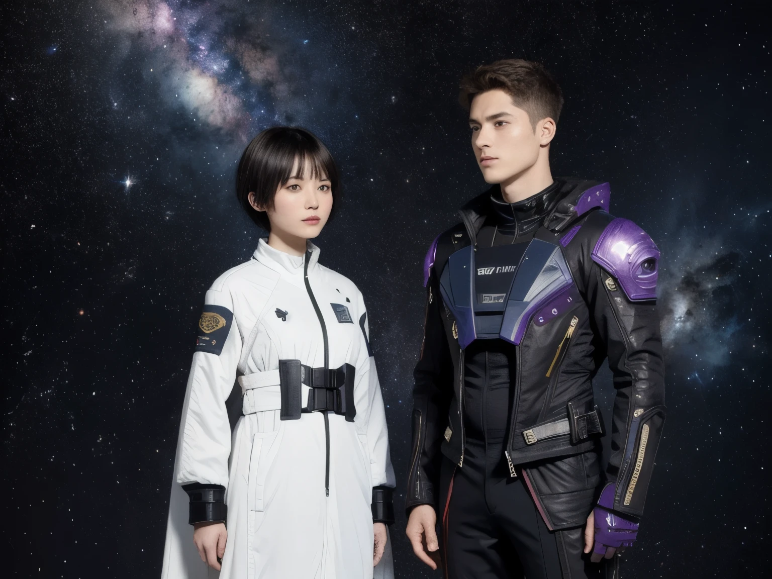277 (20-year-old woman,short hair), (20-year-old male), Are standing, flower, Futuristic clothing, machinery suit, (The background is a galaxy and nebula)