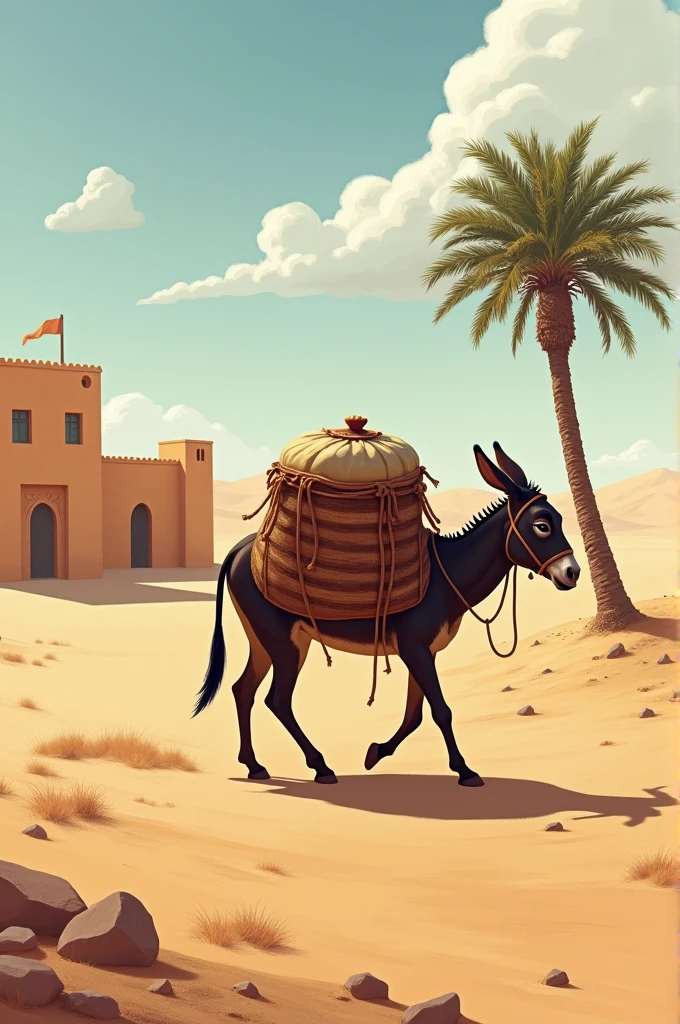 A donkey walking in the desert and carrying its belongings which are stored in a bag and have a lid. The background is a Middle Eastern building and a date palm tree is visible.