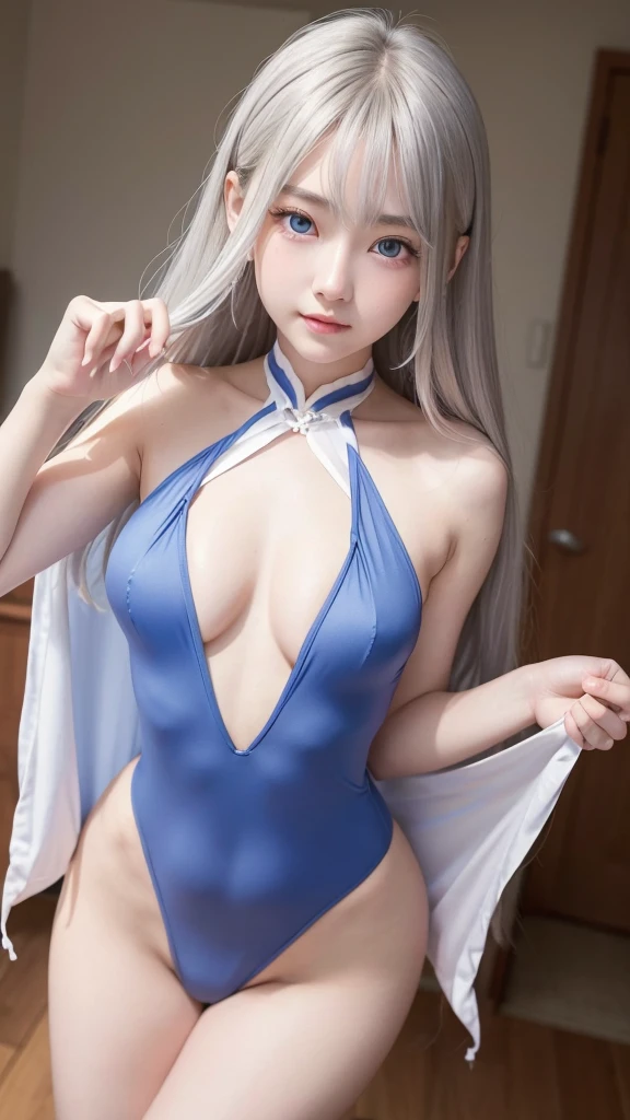 Height: 170cm、Bust 90cm、Waist 57cm、Hips 88cm、Big eyes、blue eyes、Beautiful waistline、Pretty girl、20-year-old、White sheer leotard、Naughty pose、Silver Hair、９Head to Body、smile、Straight perm