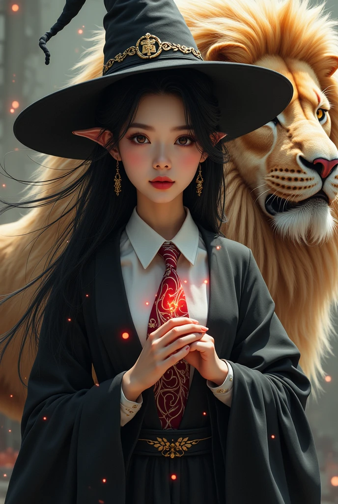 photo, asian woman, white skin, Turn your face and look straight ahead., Black fluffy hair, Wear a black witch hat, Black witch cloak, The inner shirt is a white collar with a white and red tie., Beautiful, slender fingers, In his hand was a magic wand with red sparks., Red smoke rises from the wood., Behind him stands a golden lion.