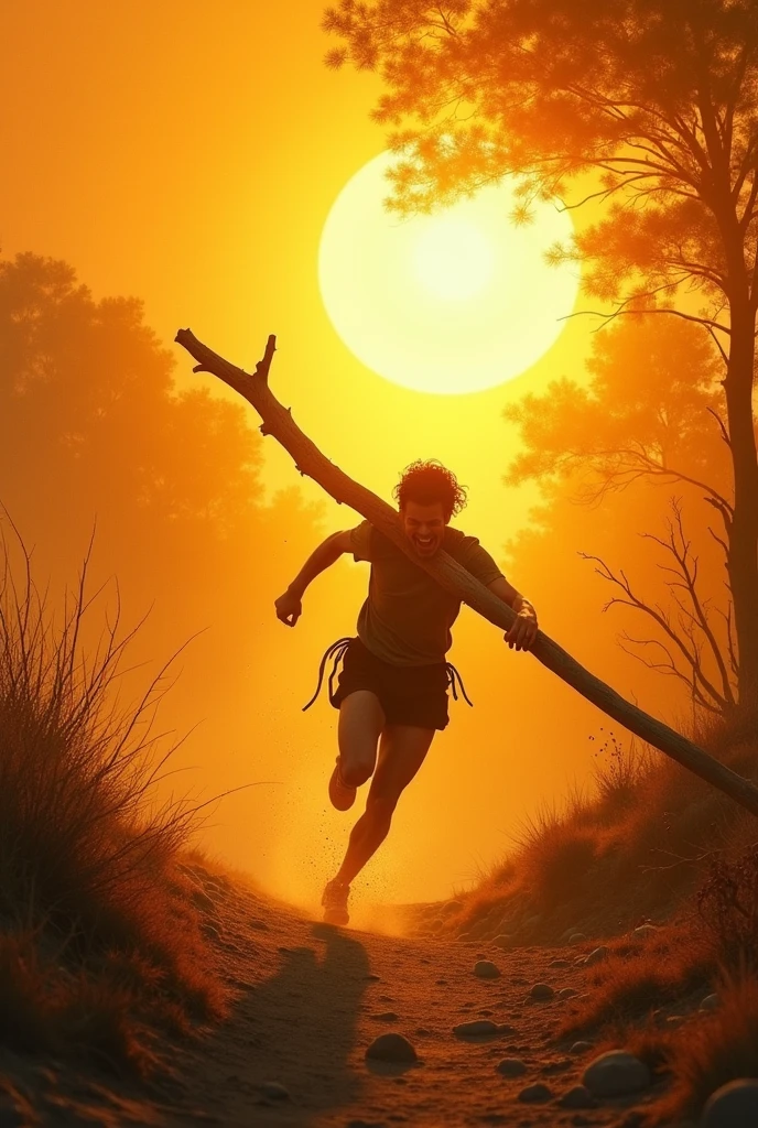 A vibrant scene with the sun chasing a person who is running away with a long branch from a tree. The sun is pursuing him intensely, and the surrounding environment seems to shimmer with the sun's heat."