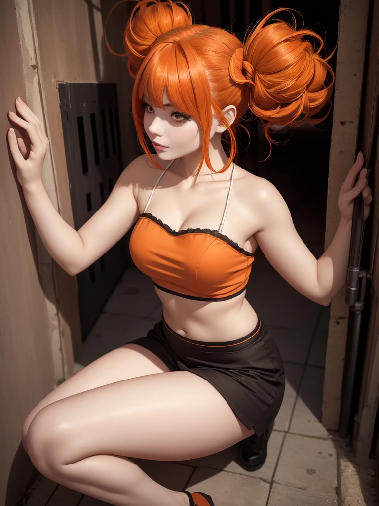 beautiful woman with orange hair (mega twintails) 8k, masterpiece, Very detailed, Alone, Underground city, Inclined shot, Amazing, Ecstatic, tube top