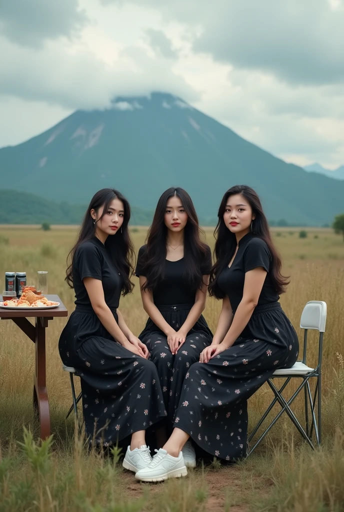 cinematic professional portrait A 3 Asian woman with long hair, a curvy body, wearing a plain black t-shirt, a long black skirt with a floral pattern, white New Balance shoes, sitting on a folding chair, a folding table full of food and coffee in the background of a plain of wild grass, a mountain covered in dew, and a cloudy sky, hdr 4k, 8k