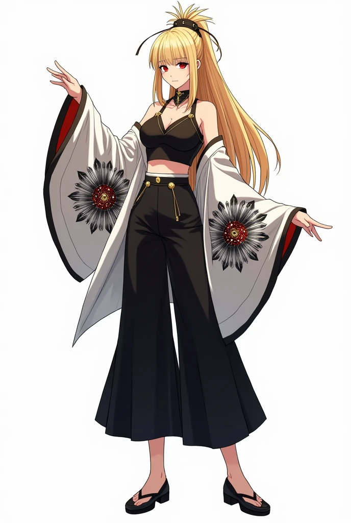 draw in anime style in full growth on a white background: a tall woman with blond hair, bangs in 2 sides, and a high ponytail. She wears a black tank top with gold detailing, and on top of the tank top is a white haori with wide sleeves with black, white and red peacock feather detailing. She is also wearing black wide pants and black shoes. She also has a hairpin with a black, white and red peacock feather on her head. Her eyes are red and not big. Make her expression serious or in a dynamic pose. Her clothing must have black, white and red peacock feather details in it