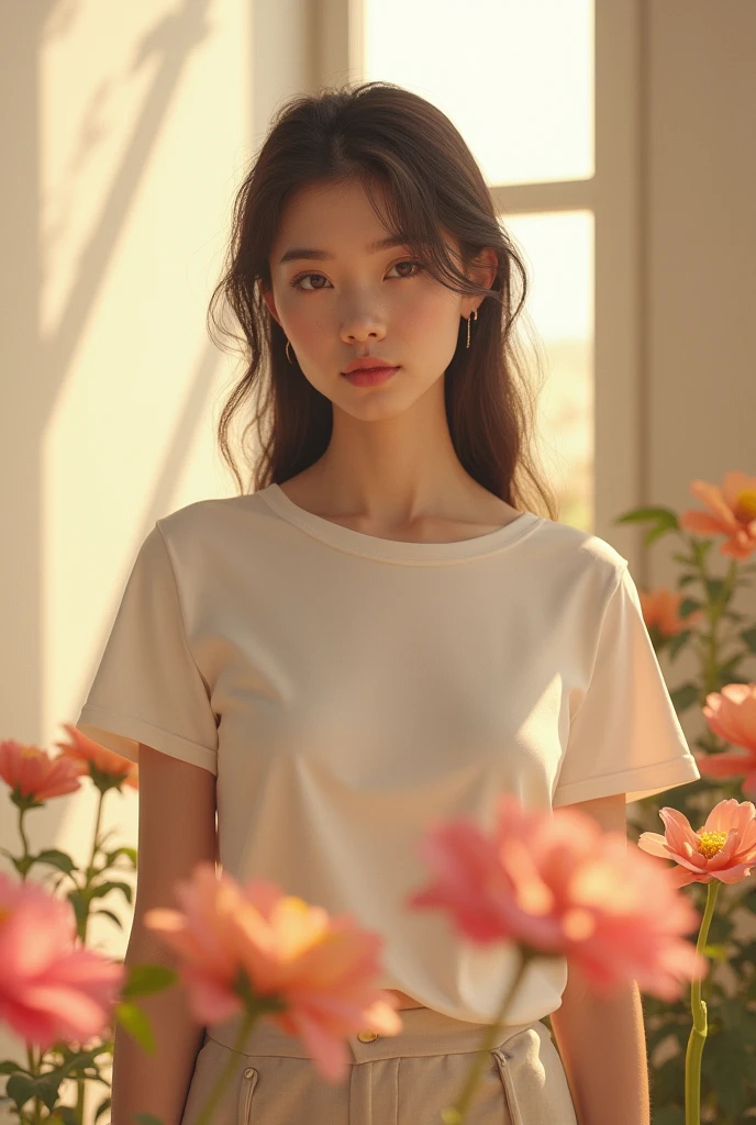 Beautiful woman standing in room wearing Tshirt of  colour code C9D7DD , sunshine, flowers 
