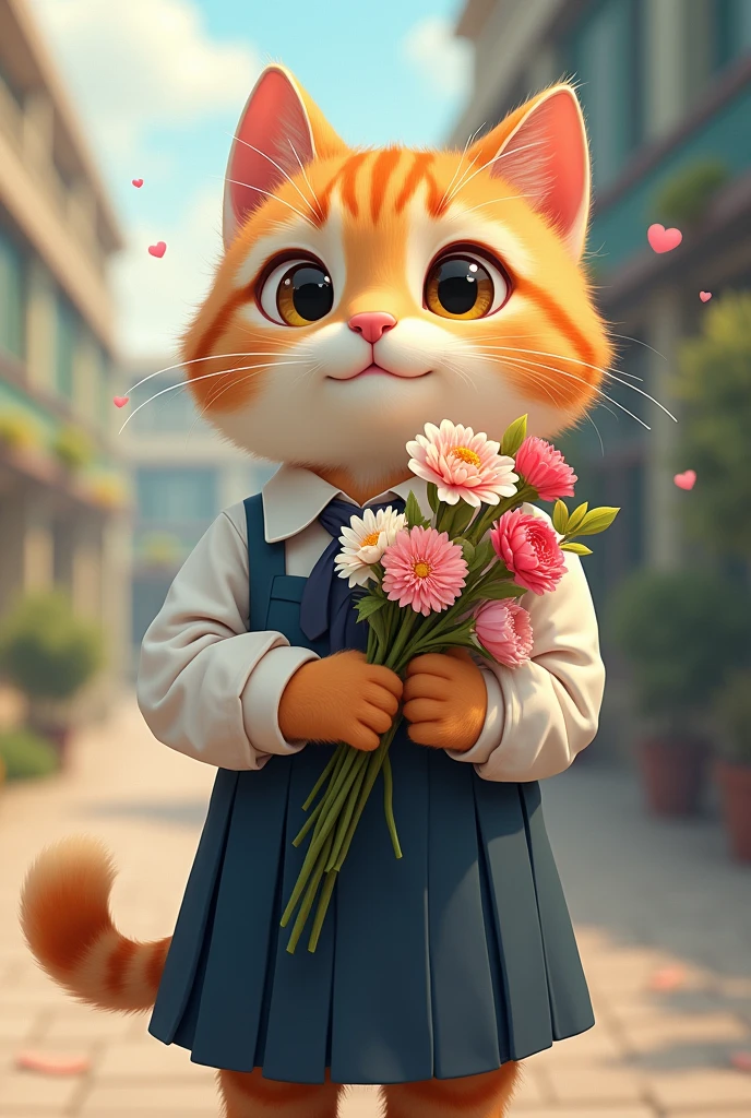 draw me a cat wearing a school uniform holding flowers