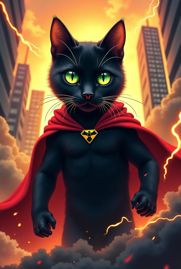 Black cute  cat in gama rays became super Hero, film poster