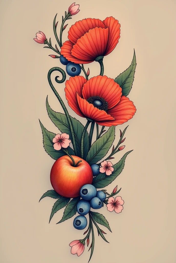 A tattoo bracelet with a poppy, flowers , fruits et feuilles de myrtillier. Apple and cherry blossoms. La queue du coquelicot évoque un j