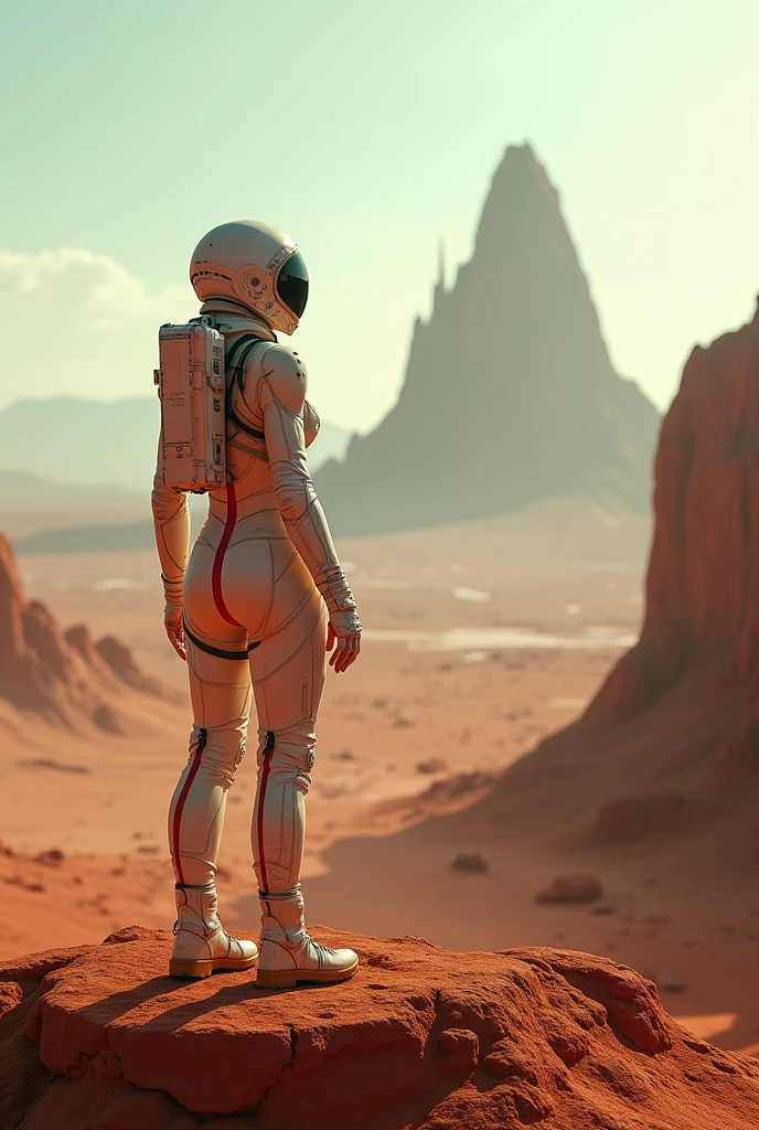 A futuristic rear angle (sci-fi) photo of a (fit woman futuristic astronaut standing on rock overlooking Martian valley on Mars), back towards viewer, not looking at viewer, (wearing skintight white and red sci-fi spacesuit, full body),  fit body, (big ass), [wide hips], rusty red Martian terrain, mars dust scattered floating in air, (mountain:0.8), (lens flare:0.7), (cross-processing), (highly detailed), (cinematic lighting:1.1), sharp shadows, intricately detailed, photographed on a Hasselblad 500, 80mm F2.8 lens, with Cinestill 800T film, cinematic contrast, outdoors, ((on Mars)), space exploration, journey, nasa-punk, from behind, sfw