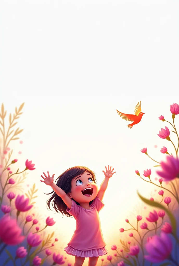 up side white,down side purple shade,blooming beautiful flowers,little bird flying up,cute baby girl raise hands,she smiling,she exciting