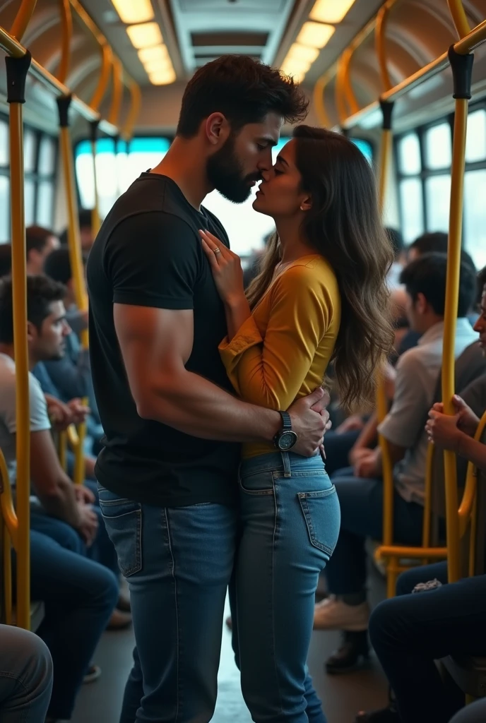 There is a young, strong, bearded Iranian man in a black t-shirt, jeans, yellow boot, sports watch, standing, holding on to the bar inside a public transport bus, hugging a beautiful woman in casual clothes. Bulge, bulge. crowded bus.