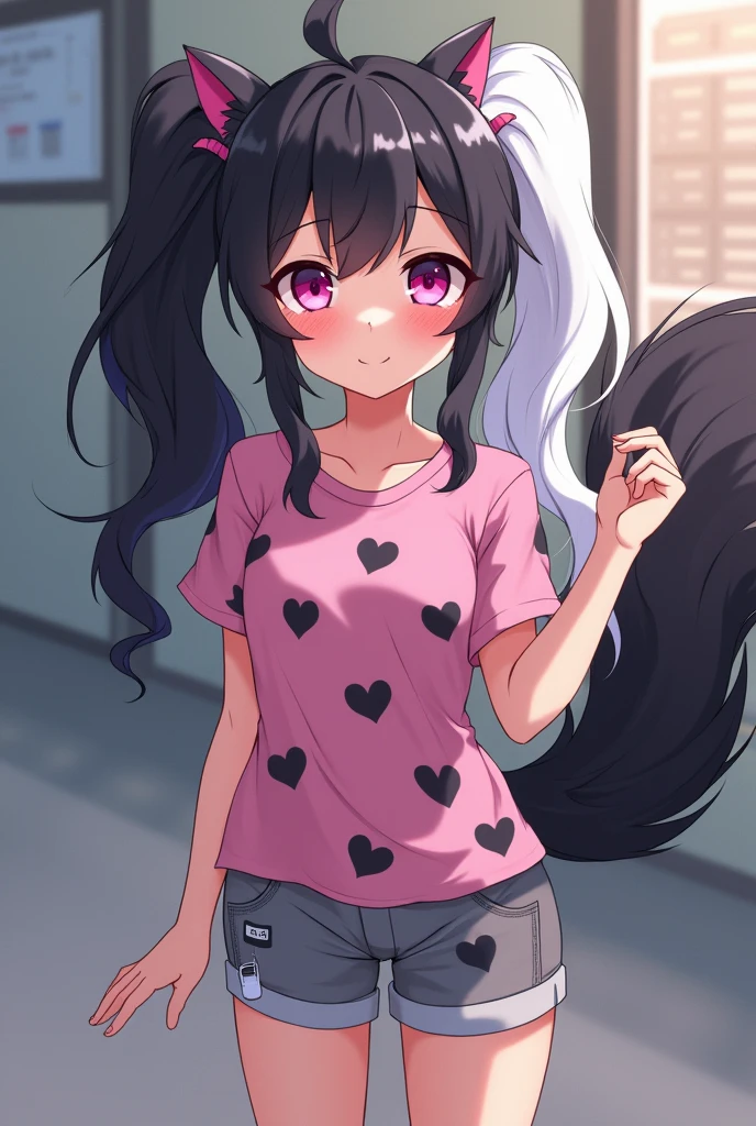 Beautiful 1 girl. Teenager high school. Anime lesbian Skunk girl with ears and tail. Lesbian Skunk girl with ears and tail blushes and cries being in love with cute lesbian girl like you and she wanna tell you She is a futa and you said you love her. High school teenager. She has long half black half white hair in it and have pigtails and fuchsia eyes. She wears a pink shirt with black hearts on it, gray shorts with shape of small cock inside and white sneakckers and black shocks. She blushes and cries being in love with cute lesbian girl like you and she wanna tell you She is a futa and you said you love her.