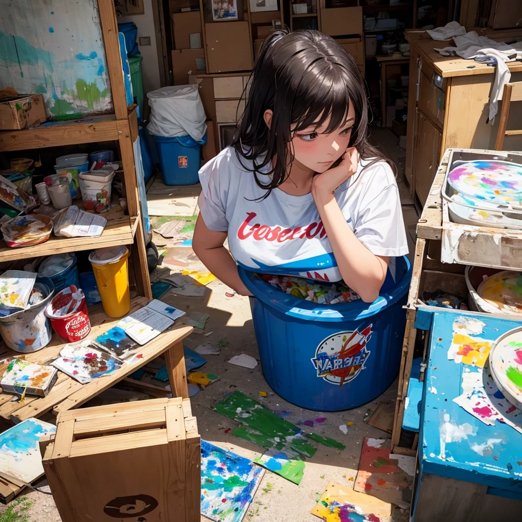 Lisa returned home feeling sad. She threw her painting into the trash can. 