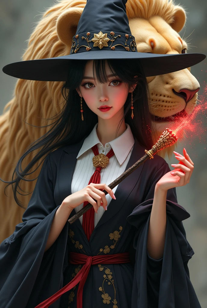 photo, asian woman, white skin, Turn your face and look straight ahead., Black fluffy hair, Wear a black witch hat, Black witch cloak, The inner shirt is a white collar with a white and red tie., Beautiful, slender fingers, In his hand was a magic wand with red sparks., Red smoke rises from the wood., Behind him stands a golden lion.