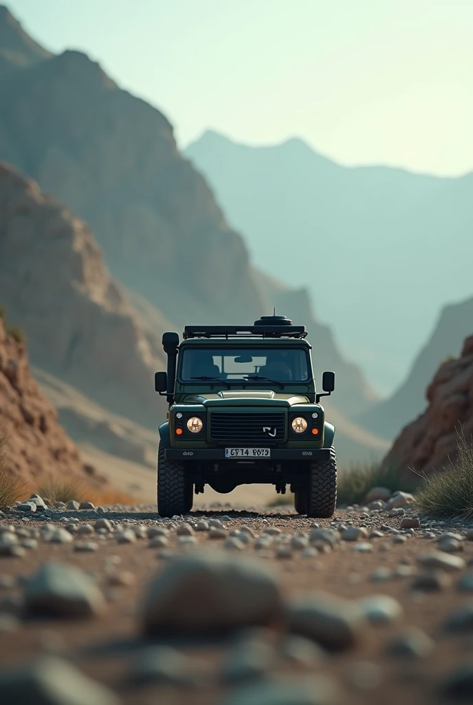 Create a landscape picture background rocky hill blurry and center the road pakistan army car