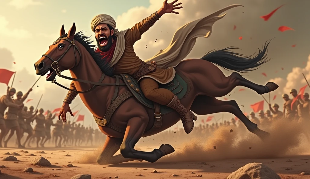 Animated image of a Muslim man falling from a horse to the ground in pain in battle