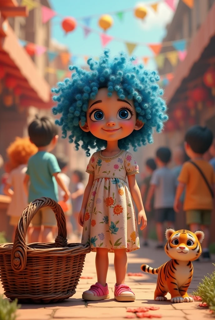 A girl with blue curly hair and blue eyes
with smiling lips,
Next to an old basket inside
Tiger is beautiful
In a party where everyone is
He is dancing with his tiger
style 3D