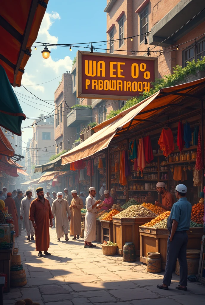 "Create an image of a small shop in Shah Alam Market, LAHORE, PAKISTAN,bustling with activity. The shop should display various goods and have a sign indicating its expansion. Include a backdrop of the market with shoppers and vendors, capturing the essence of a vibrant trading environment."