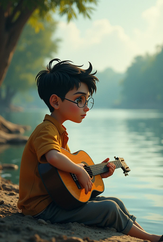 A boy of 1 glass on his eye, and guitar on his hand that seat beside the Padma river.
