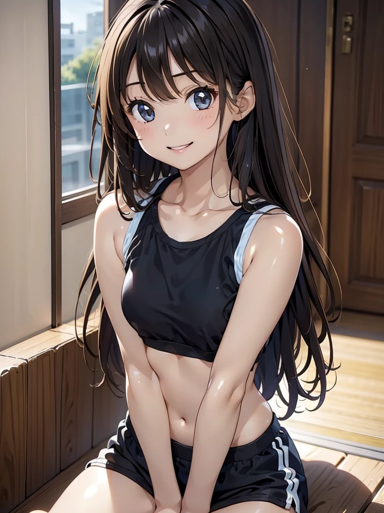 Girl,cute,kawaii,Chest to head,smile,Straight Hair,Long Hair,Black Hair,sitting,my room,sports bra top,looking at the camera,Raise your arms,Stretching, daylight