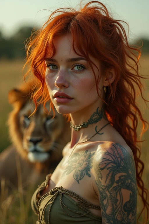 very detailed, 16K high resolution, incredibly detailed image, cinematic, best quality, masterpiece, realistic, detailed face, detailed background, mystical, dramatic lighting, A girl, 2, she is alone, beautiful, natural red hair, straggly and messy wavy hair. Extremely detailed facial expressions with sharp and piercing green eyes. A delicate, slightly cheeky face, subtly made up. ((She is tattooed and pierced, large tubes in her ears.)), She has (very small breasts) and a slim figure, in good shape. Her height is about 1.70 meters. Her outfit is similar to Jinx's outfit from the series Arcane. She is on safari in Africa and a few lions can be seen in the background.