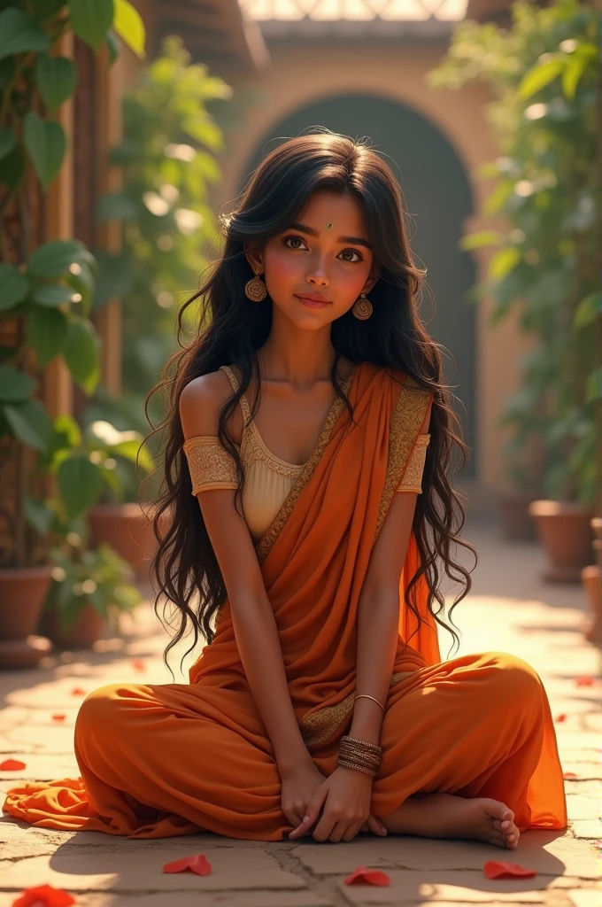 A Indian girl tyeing her hair by sitting on knees