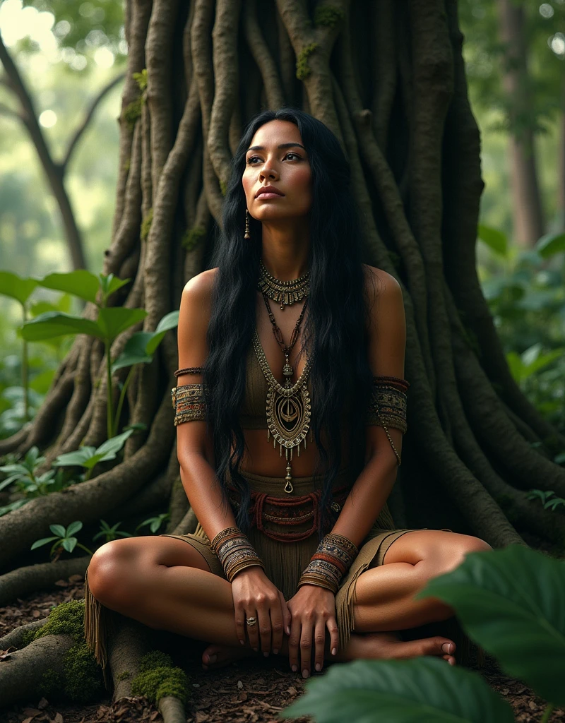 A protrait of Pocahontas, alone in the depth of Amazon Jungle, she sat near a Mother Tree....