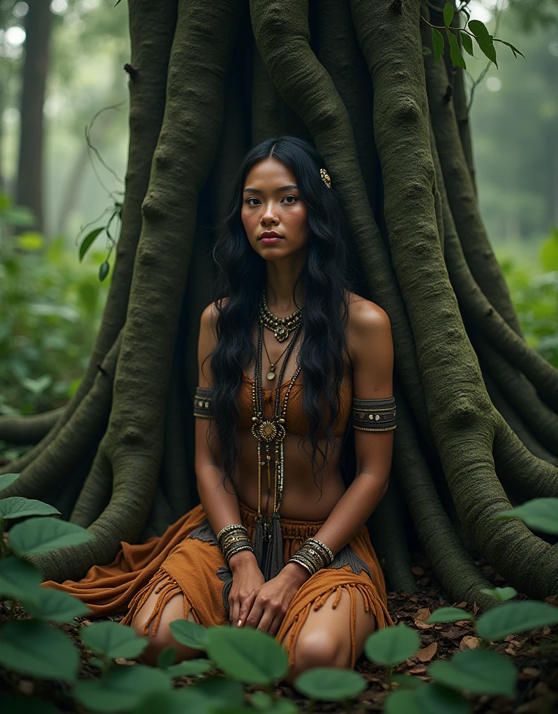 A protrait of Pocahontas, alone in the depth of Amazon Jungle, she sat near a Mother Tree.... 