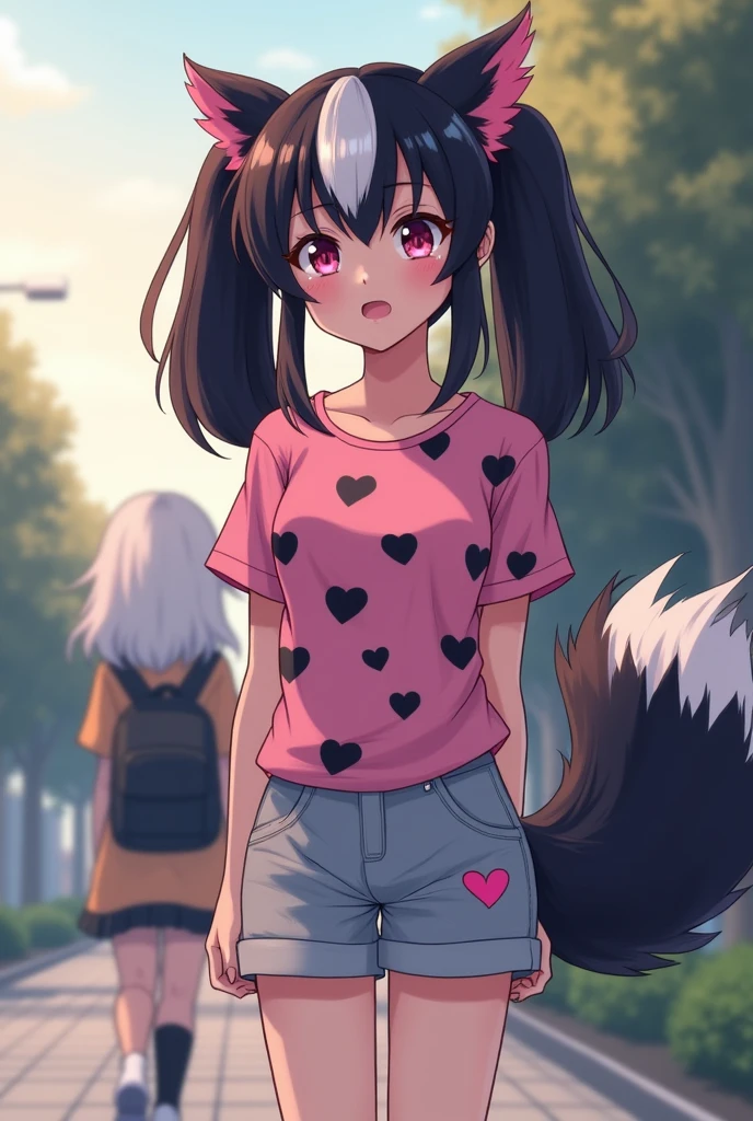 Beautiful 1 girl. r high school. lesbian Skunk girl with ears and tail. Lesbian Skunk girl with ears and tail blushes and cries being in love with cute lesbian girl like you and she wanna tell you She is a futa and you said you love her. High school teenager. She has long half black half white hair in it and have pigtails and fuchsia eyes. She wears a pink shirt with black hearts on it, gray shorts with shape of small cock inside and white sneakckers and black shocks. She blushes and cries being in love with cute lesbian girl like you and she wanna tell you She is a futa and you said you love her.