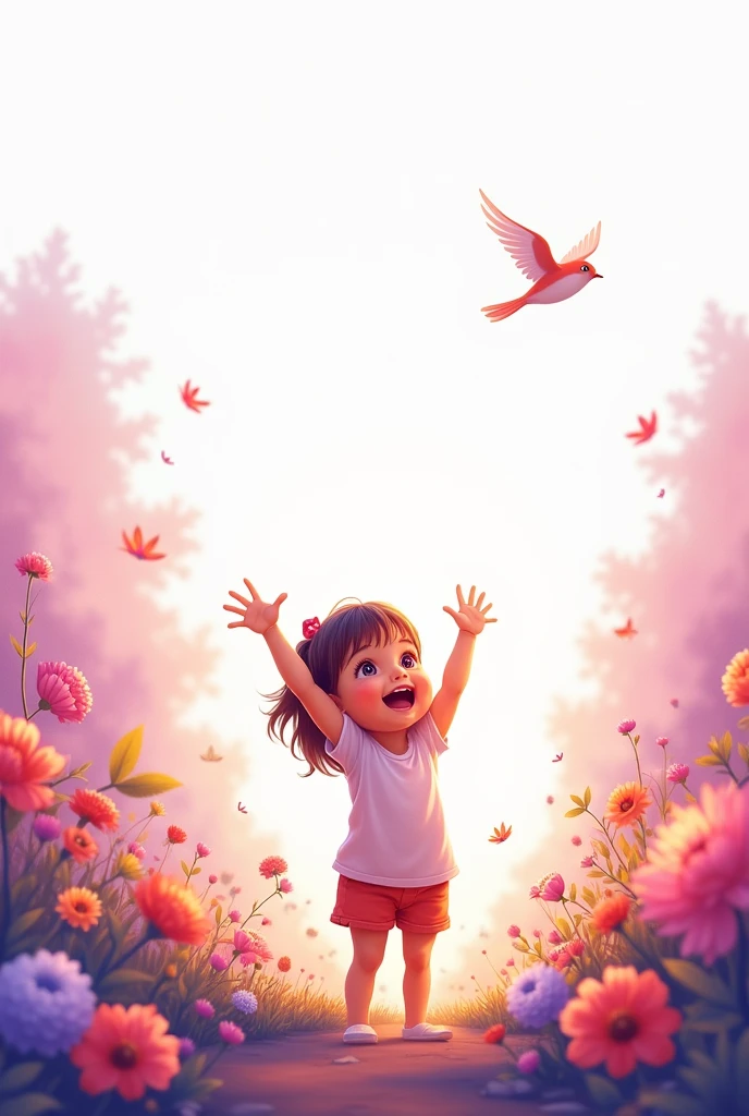 up side white,down side purple shade,blooming beautiful flowers,little bird flying up,cute baby girl raise hands,she smiling,she exciting