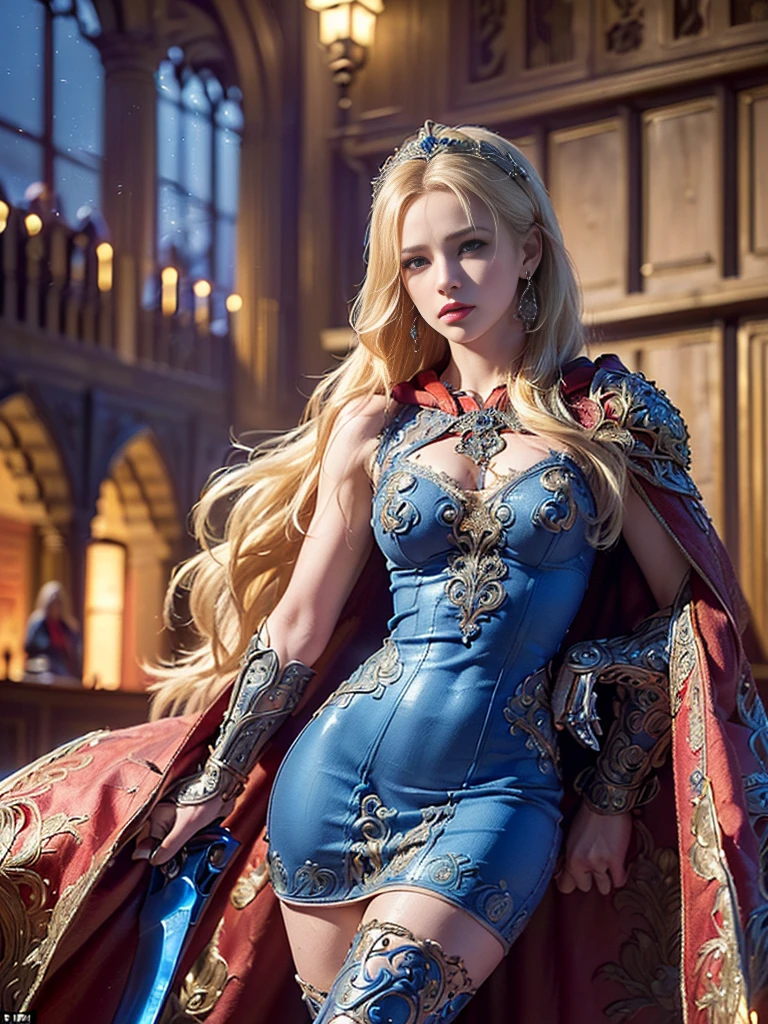 (((masterpiece, best quality))),(((high quality))),(((high resolution illustration))),(((hyper detail))),NSFW,(((Wordsworth's Sharon))),(((Very beautiful long blonde hair:1.5))),(((Very beautiful face))), ((((Detailed face)))),(((very beautiful blue eyes))),(((Realistic Skin))),(((her face is flushed))),(((slim body:1.5))),(((slim thighs))),(((small breasts))),(((very beautiful slender legs))),(((Blue armored dress with extremely detailed and intricate decoration:1.5))),(((boots with extremely detailed and intricate decoration))),(((RED cloak with very detailed and intricate decoration:1.5))),(((beautiful earrings))),(((beautiful hair ornaments))),(((Late at night in the great hall of a luxurious medieval castle:1.3))),(((late at night:1.7))),(((Sharon is very angry))),(((torn clothes:1.3))),