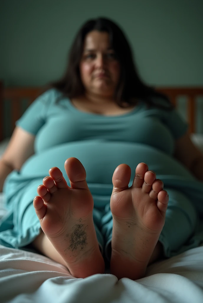 A fat woman with black hair sits barefoot on the bed with her feet forward .. her feet and soles need to show and her feet are very dirty and she is very sad looking at the camera