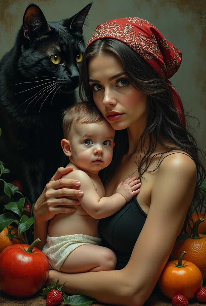 A devil's woman and there baby girl , dressing bandana fruits , background devils cat