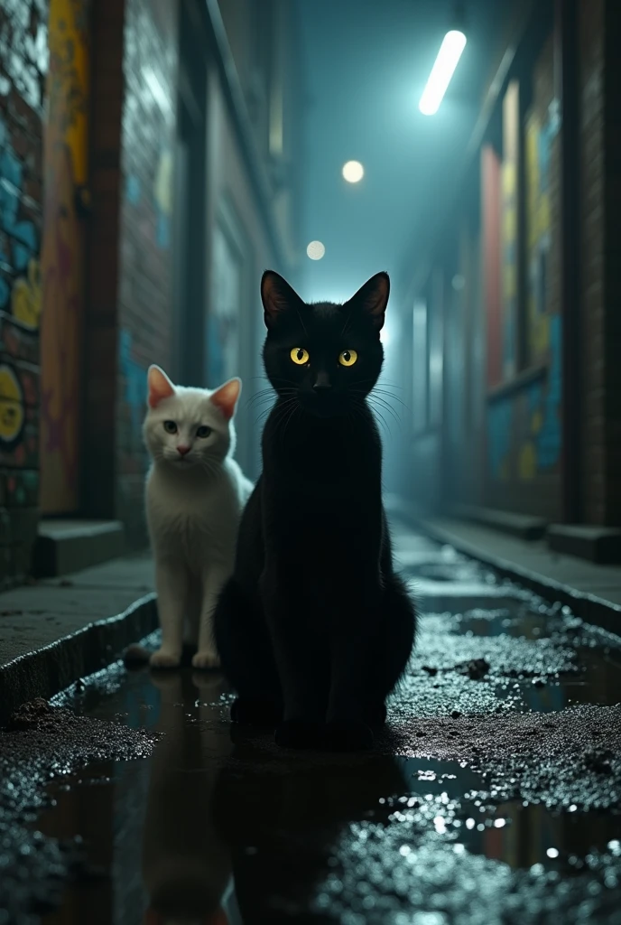 Two cats one black and one white, Spotlight on black cat   in street alley at night, photorealistic digital painting cinematic film light, expressive eyes, ultra-realistic full HD resolution, dramatic lighting, 3D effect ultra-detailed intricate insanely, puddles, graffiti-adorned walls, close up from Down, grimdark steampunk fantasy concept art by noah bradley and greg rutkowski, ultra hd 