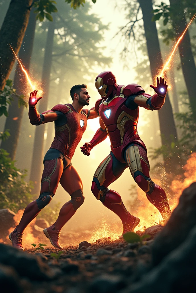 Shaktiman and iron man fighting in forest